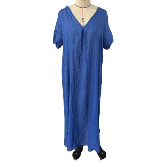 Womens Summer Maxi Dresses CV Neck Short Sleeve A-Line Dress Casual Solid Color Long Dress