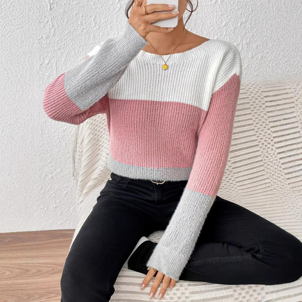 Spring Autumn Women's Color Block Patchwork Knit Sweater, Crew Neck Long Sleeve Pullover Top