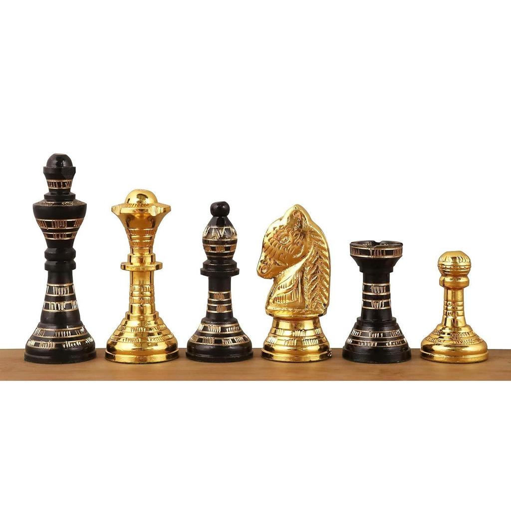 Brass Metal Chess Board Set With Velvet Storage Box-Hand Carved, Glossy Polish- Best For Home Decor & Gifting - Modern Classic Design (10X10 Inch)