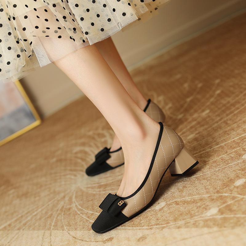 

Весна и Осень новая кожа ретро квадратный носок высокий каблук женские толстый каблук универсальные туфли-лодочки средний каблук 39 хаки