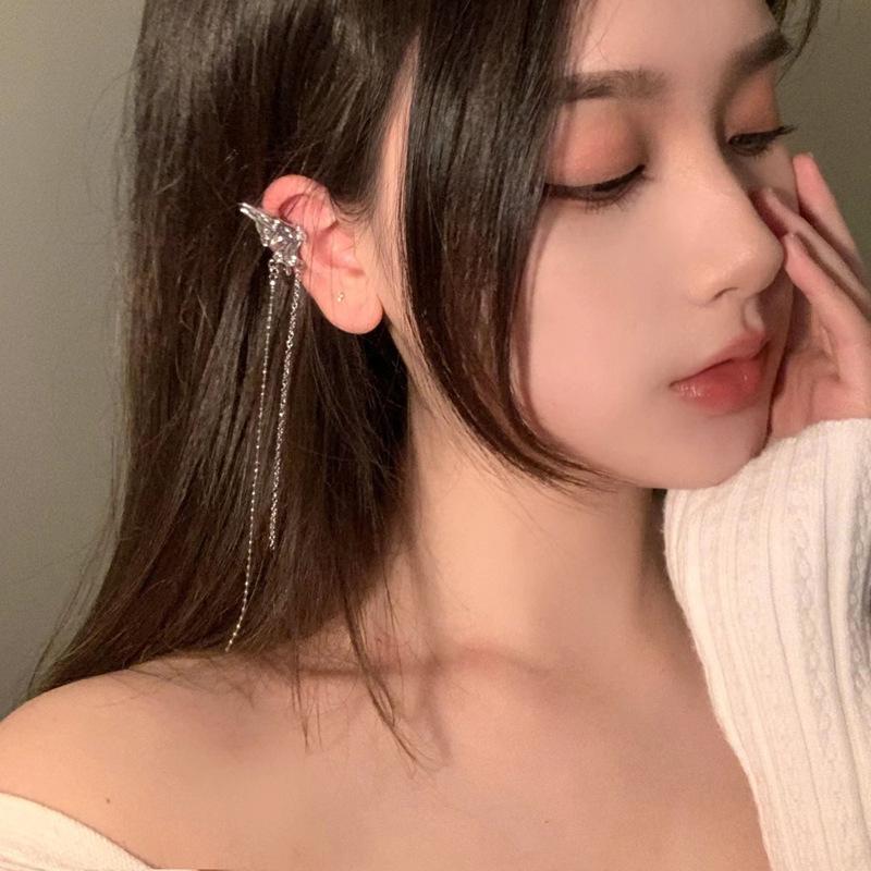 Korean Elegant Elf Butterfly Clip Earrings For Women Girls  Long Tassel No Piercing Ear Cuff Jewelry Gifts