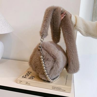 Small Plush Shoulder Bag  Elegant Fur Bag  Minimalist Pearl Chain  Good-looking Crossbody Bag  Versatile