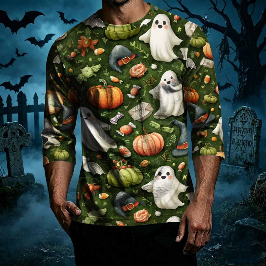 Men's Casual Halloween Print Raglan Sleeve T-Shirt Crew Neck Three Quarter Sleeve Top for Everyday Wear Comfortable Fit