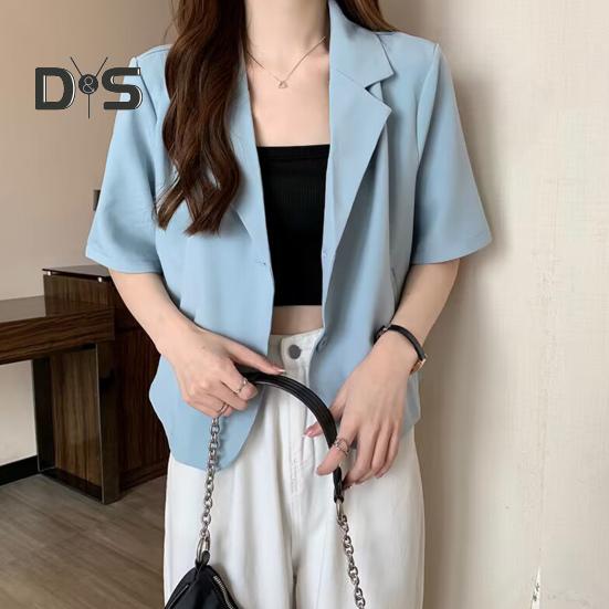 Dámské sako s klopami, krátkým rukávem a volným střihem, s kapsami, jednobarevné, volného střihu, letní business kabát