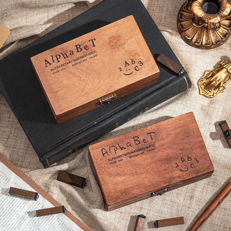 Retro English Letter & Number Decorative Stamp Set In Wooden Box, 30/42/70 Pieces