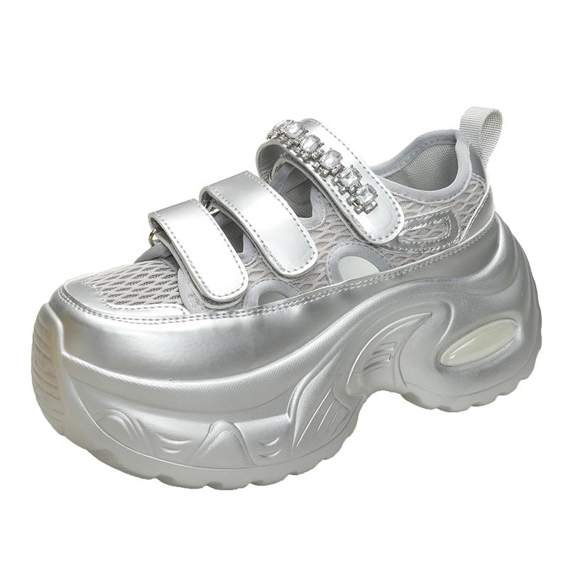 Fashion 6.5CM Breathable Hollow Leather Women Sandals Vulcanized Mesh Chunky Platform Crystal Shoes High Heels Casual Summer Sneakers