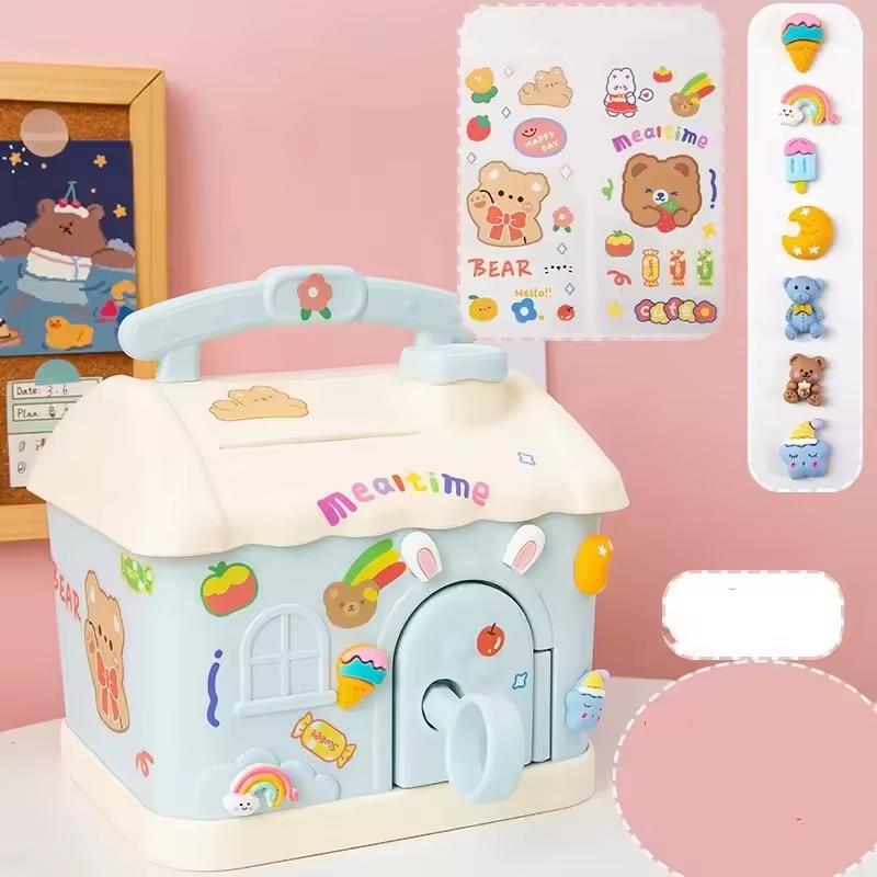 Cute House Money Box With 3D Sticker Kawaii Piggy Bank for Kids Adults Big Size Savings Box for Coins Banknotes Birthday Gift