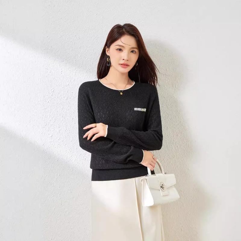 Silk Wool Blended Wool Sweater Women's Crew Neck Jacquard Sweater Knitted Sweater Top Bottoming Shirt