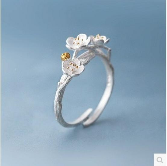 Korean 925 Sterling Silver Plum Blossom Open Ring – Handmade Artistic Floral Design for Women