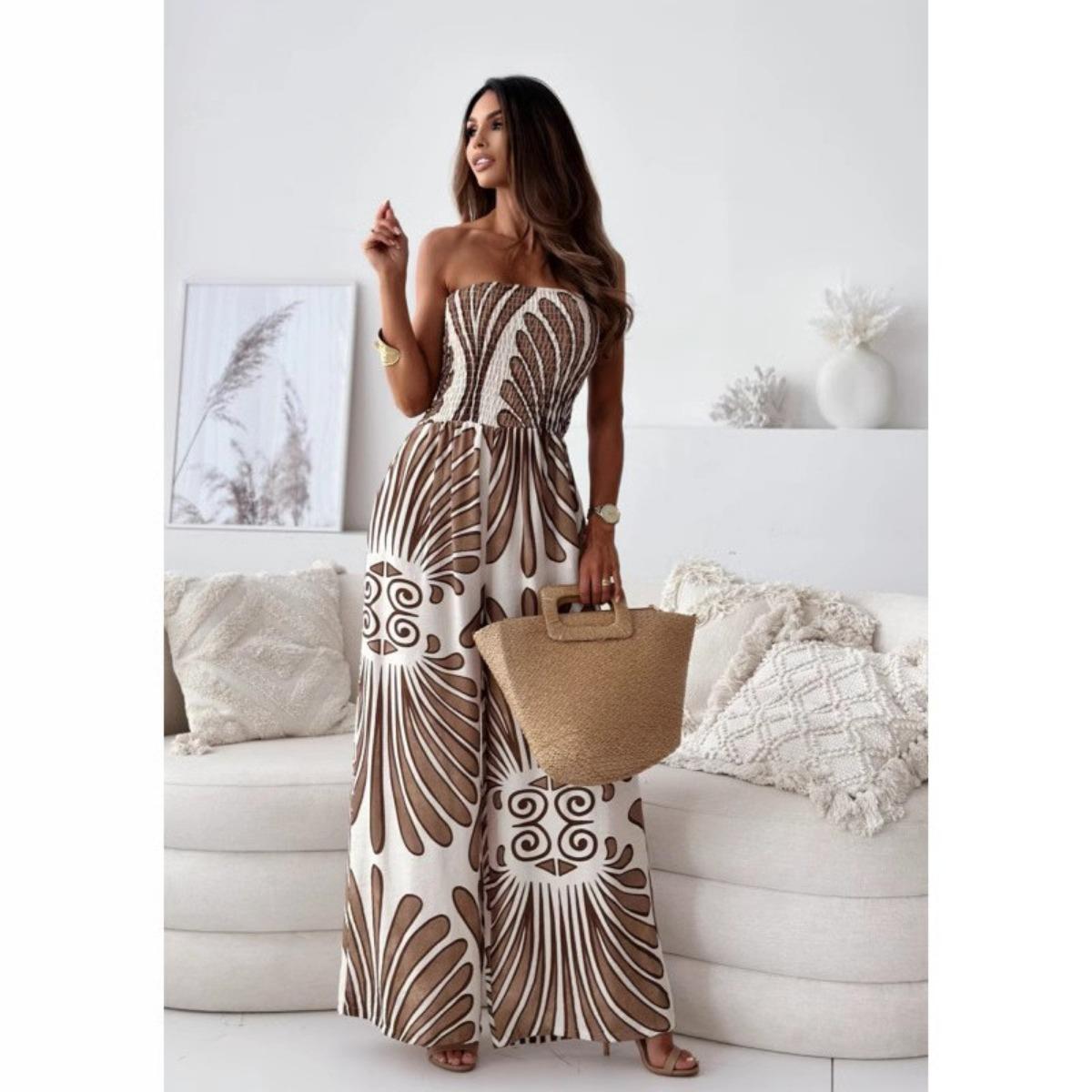 Summer New Fashion Print Strapless High Waist Jumpsuit, Women s Casual Long Pants Romper for European American S