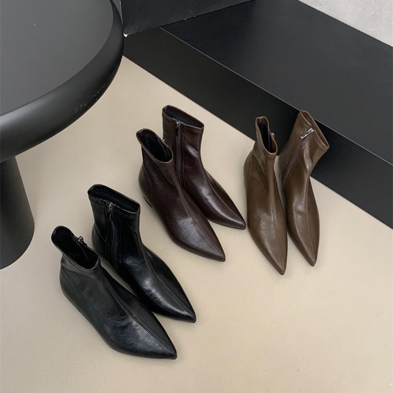 2025 New Autumn and Winter Pointed Women's Thin Boots Thin Heel Women's Boots French Medium Heel Short Boots Martin Boots