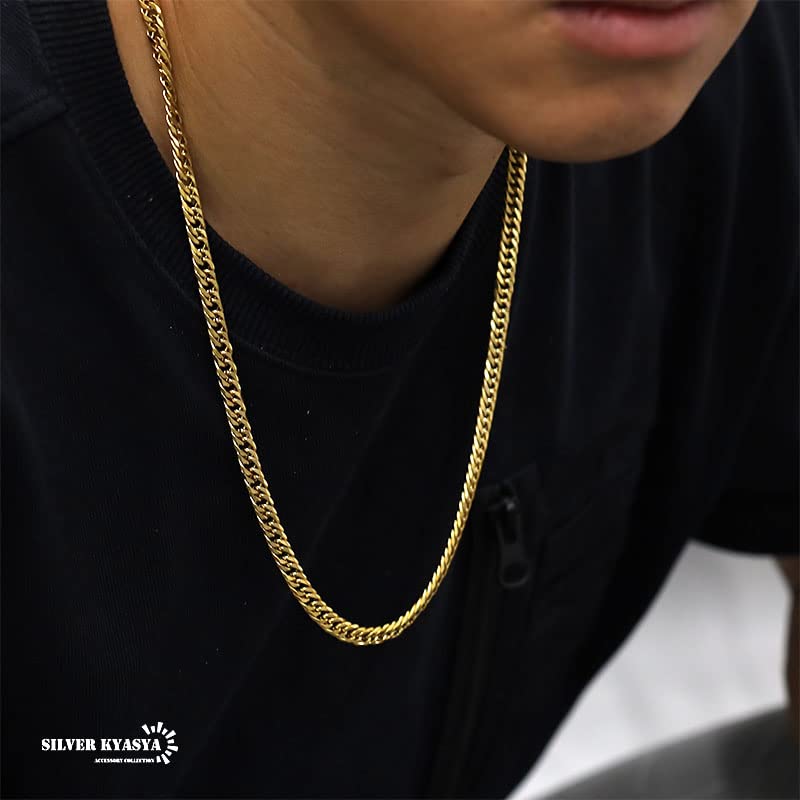6mm stainless double kihei center double kihei chain 18k 18k long [silver KYASYA] Thin, wide, steel, 6-sided cut, necklace, fold, gold, necklace,