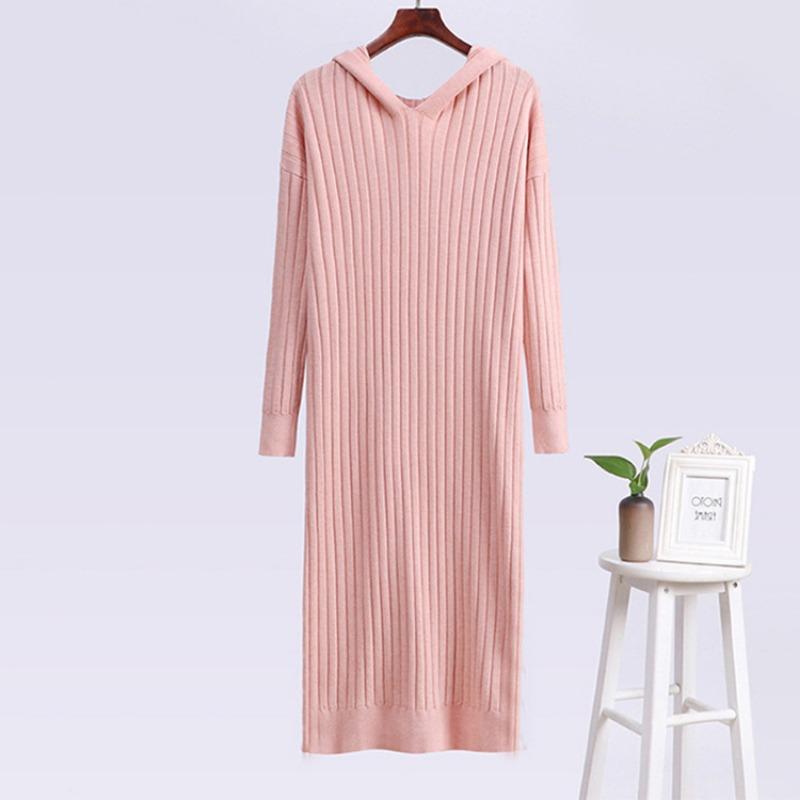 Hooded solid color pit strip straight V-neck sweater skirt autumn and winter casual style knitted dress women