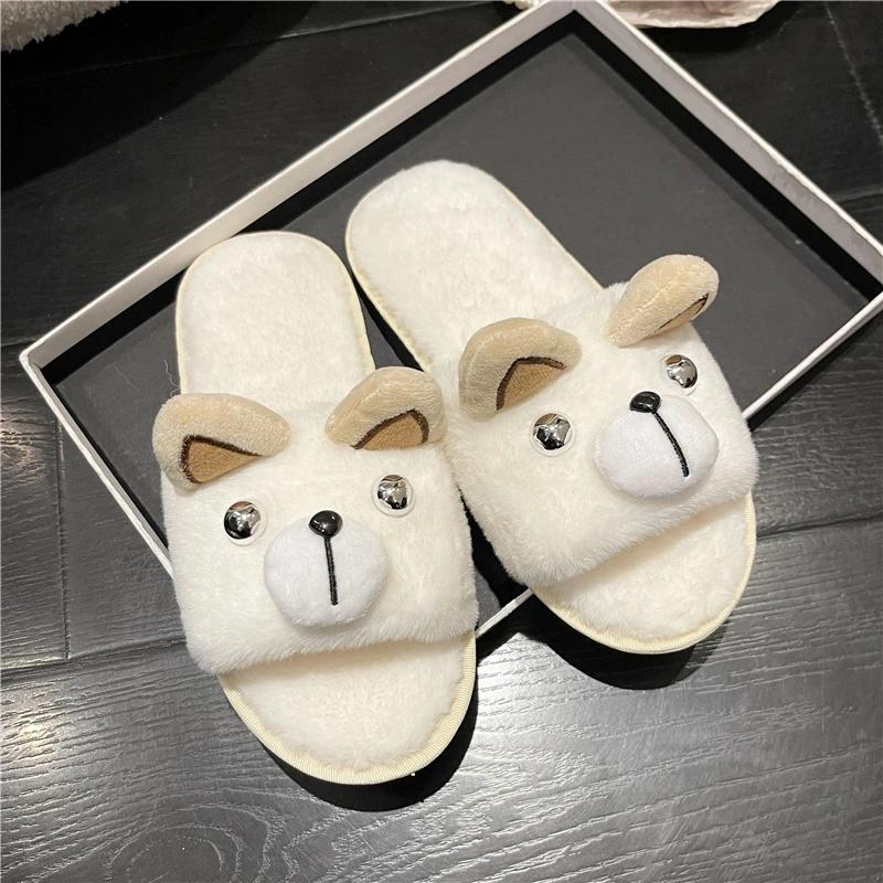 Плоские Пушистые Меховые Тапочки Женские Милые Собачки Животные Теплые Меховые Тапочки — фото 9