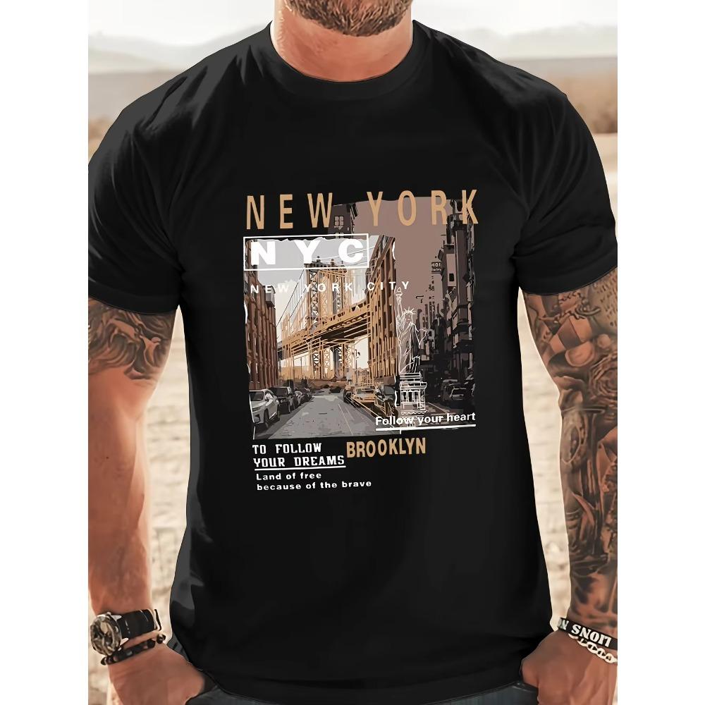 Men's 100% cotton summer loose fitting casual New York print round neck short sleeved T-shirt top