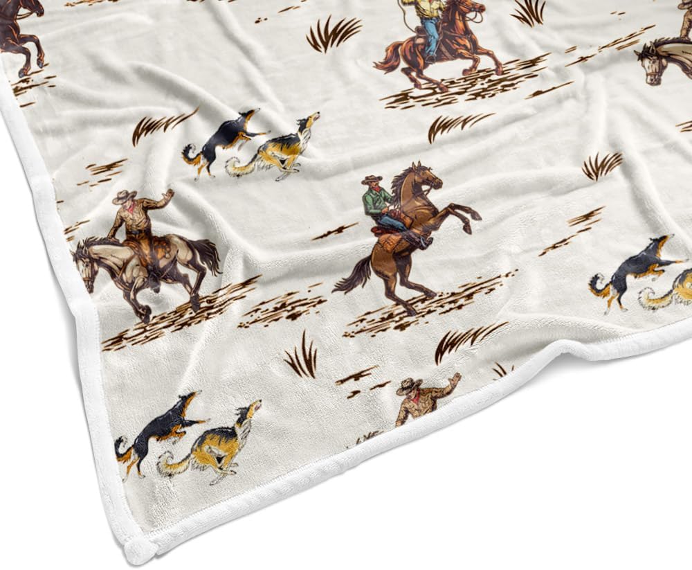 Westliche Cowboy-Decke, Vintage Cowboy reitet Pferd West-Thema Weiche Überwurfdecke für Jungen, Bauernhaus Land Amerikanisches Flanell Bla