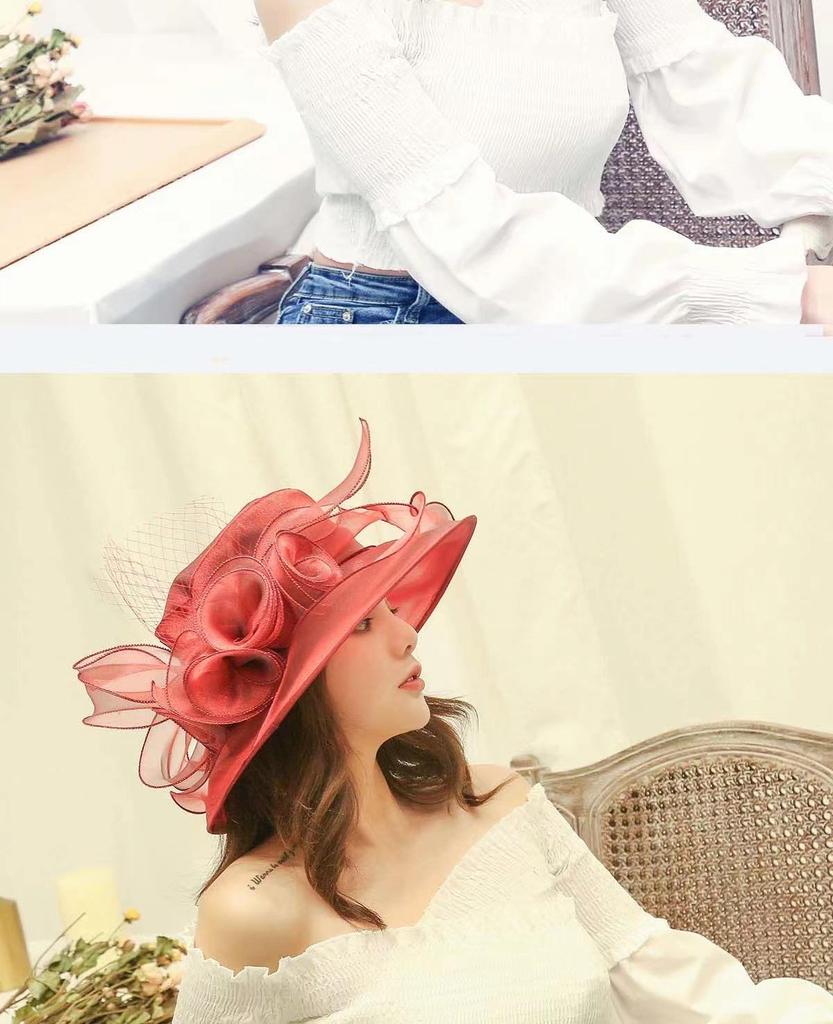 Women's Vintage Organza Sun Hat with Mesh Flower Details