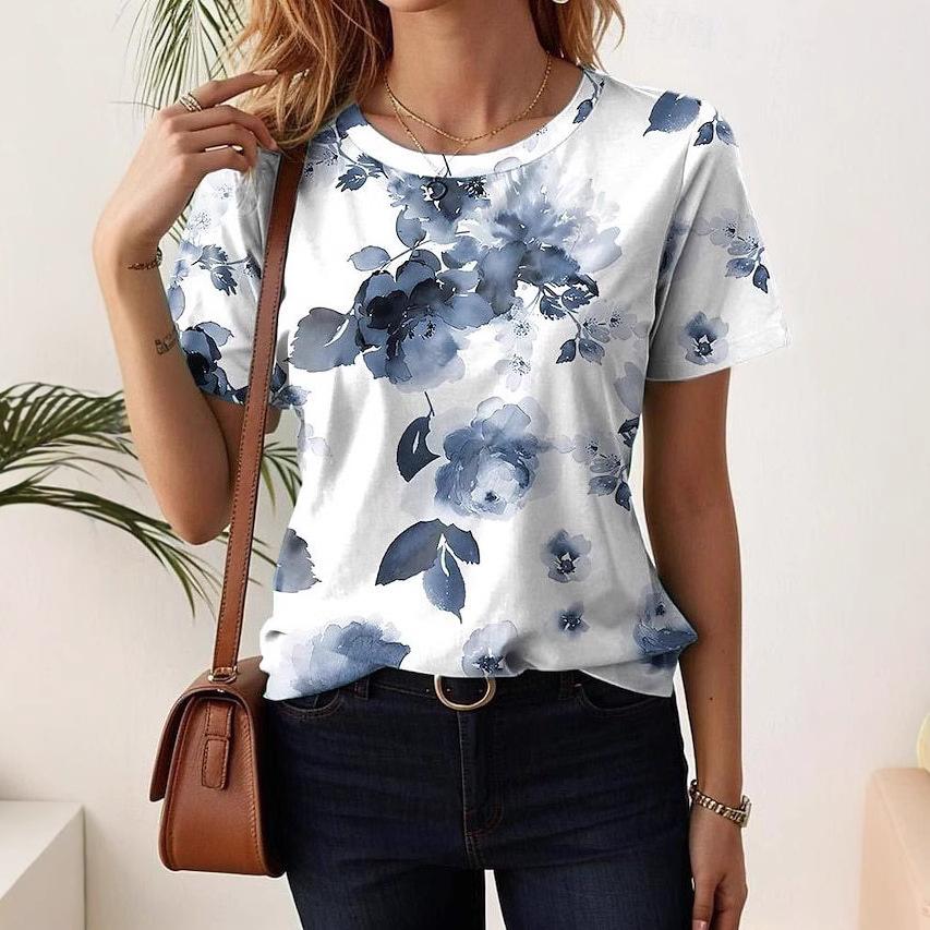 Casual and Versatile High-quality Flower Patterned Short Sleeved Round Neck Top Women's T-shirts