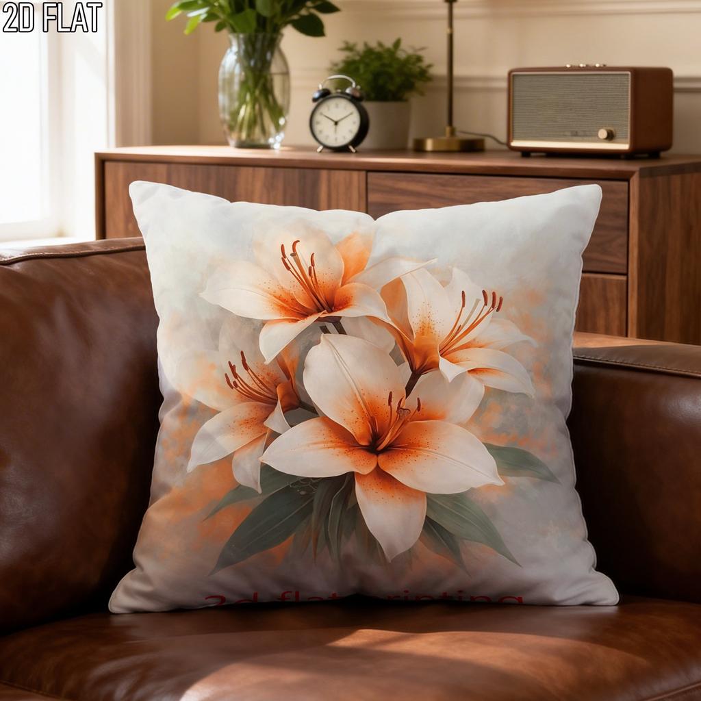 Watercolor Lily Flower Throw Pillow Cover Neutral Orange Floral Cushion Case For Boho Home Decor