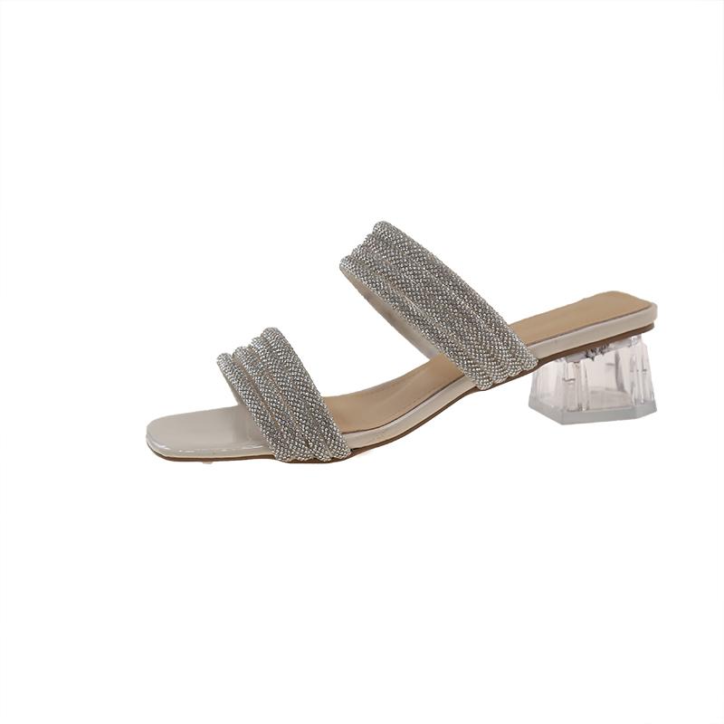 

Fashion Summer New Style Slippers Women s Fashion Square Head Light Mouth Glitter Line with Anti-slip and Wear Heel Shoes 40