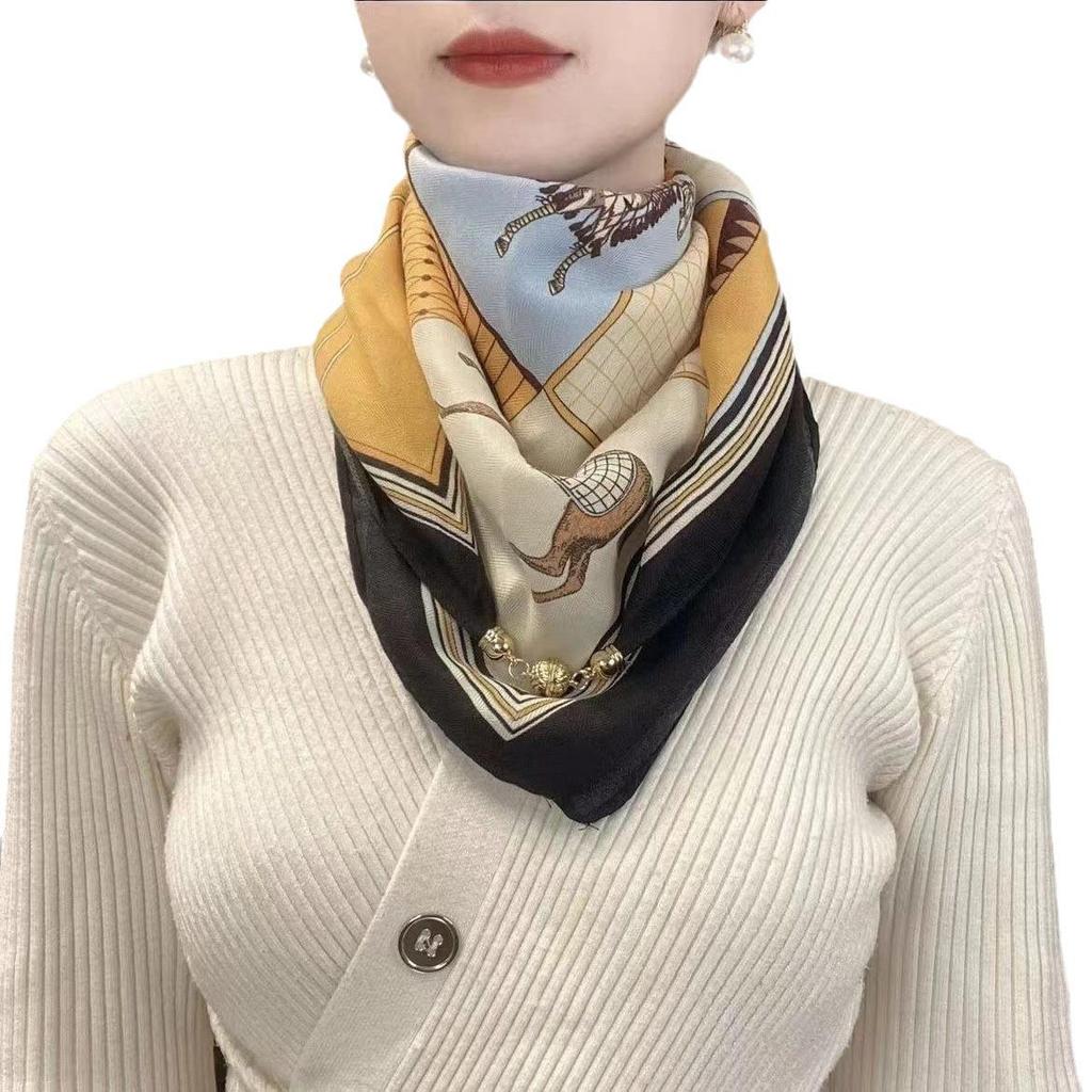 Women's Magnetic Silk Scarf: Warm, Versatile Neck Protection with Gold Ball Detail for Autumn & Winter.