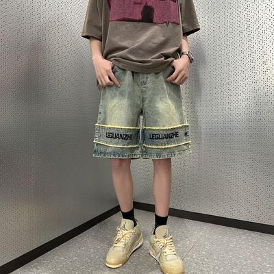 American Retro Denim Shorts Men's Summer Niche Design Yellow Mud Pants High Street Vibe Casual Five-point Pants