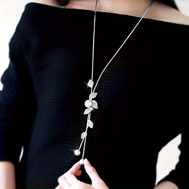 Leaf Shaped Imitation Pearl Long Sweater Chain Pendant Necklace for Women