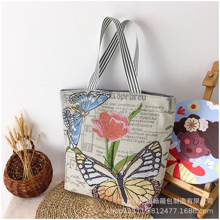 Canvas-Tasche Große Kapazität Canvas-Tasche Damen Doppellagig mit tragbar Einfache Webstickerei Schulter Reißverschluss Einkaufstasche Ethnischer Stil