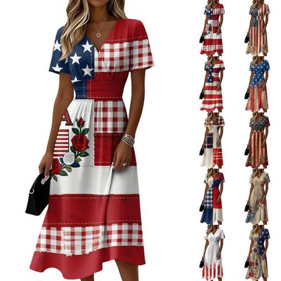 Damen Unabhängigkeitstag Print Lässiges Mode Kurzarm V-Ausschnitt Kleid