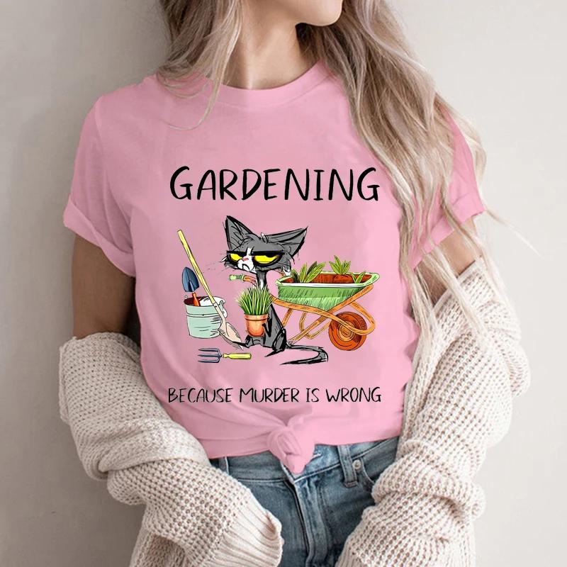 Women's T-shirts Gardening Because Murder Is Wrong Shirt Black Cat Tshirts Funny Cat Tees Gardening Lover Shirts Sarcastic Tees