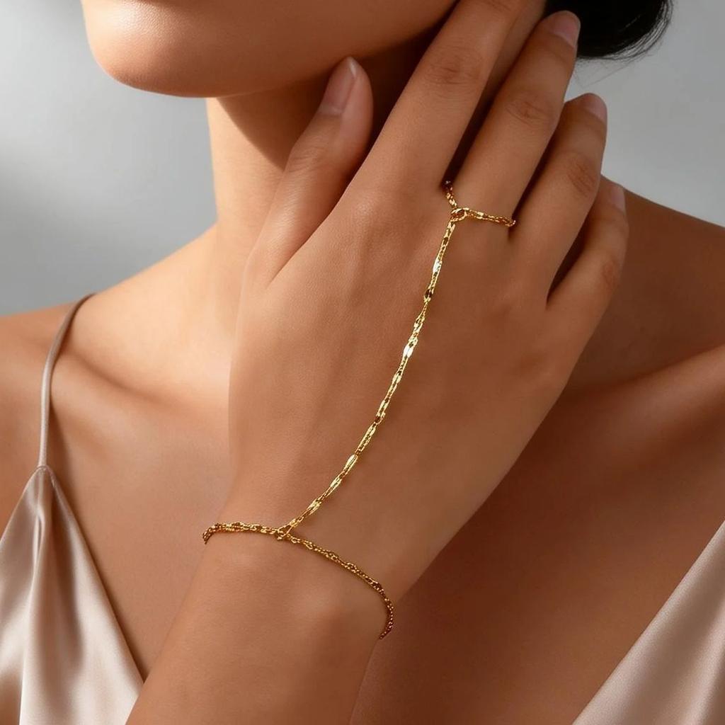 Luxury Minimalist Gold Plated Thin Chain Finger Ring Hand Chain Bracelets for Women, Party Elegant Stainless Steel Jewelry