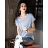 Demana Women's Summer V-Neck Lace Trim Mercerized Cotton T-Shirt