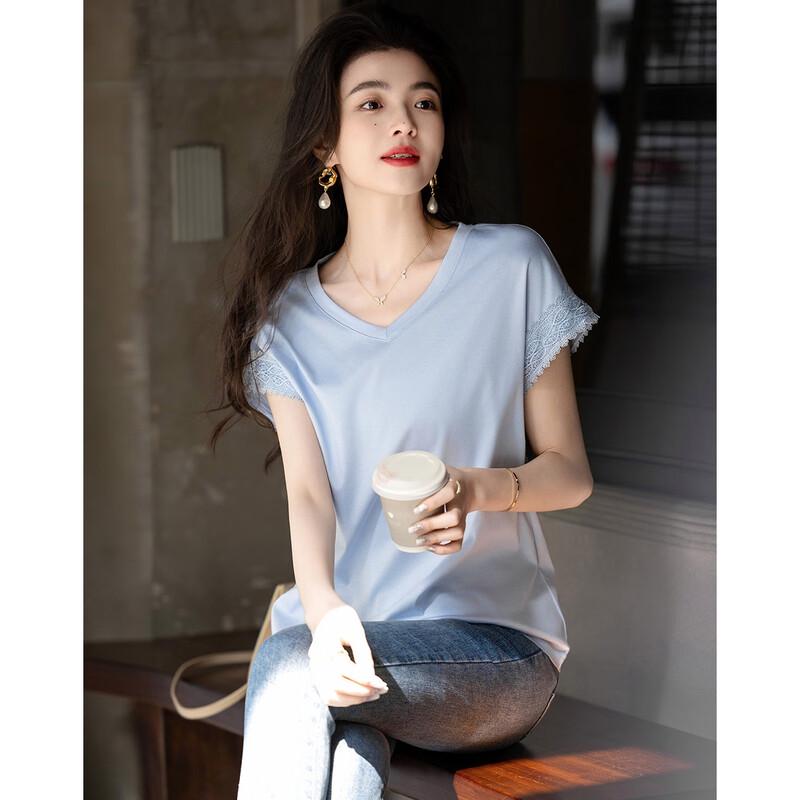 Demana Women's Summer V-Neck Lace Trim Mercerized Cotton T-Shirt