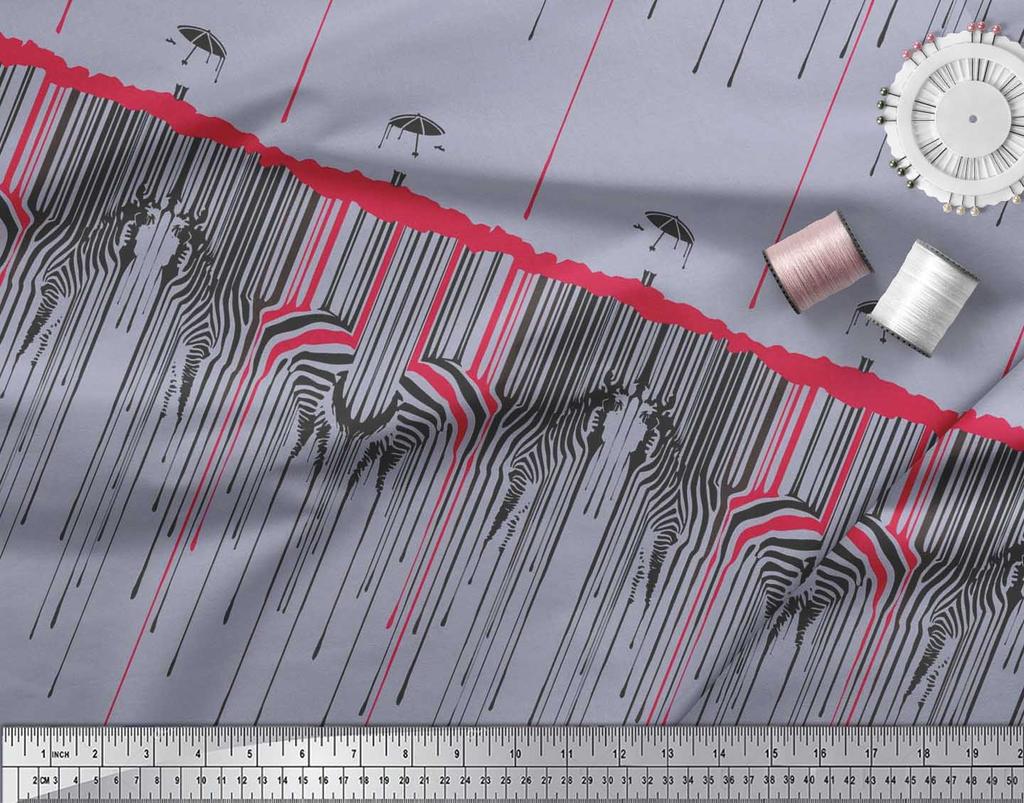 Soimoi Japan Crepe Satin Fabric Umbrella & Zebra Animal Skin Print Fabric by the metre 42 Inch
