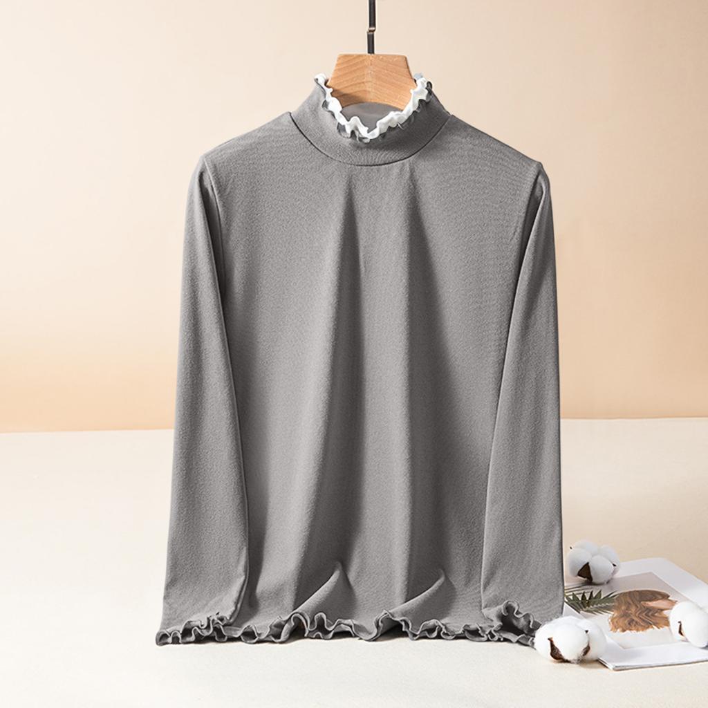 Ladies' Slim Fit Pullover Shirt With Lace Collar, Black Fungus Edge, German Velvet Long Sleeved Base, Top