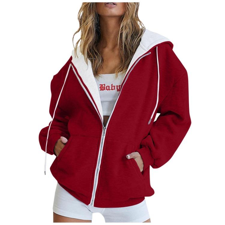 Women Casual Oversized Full Zip Hoodie, Contrast Liner Hooded Sweat Jacket, Soft Breathable Material Loose Outerwear with Pockets