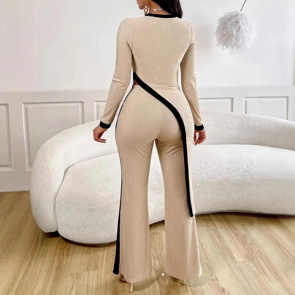 YYFS Women's Fashion Casual Spring Autumn Colour Block Print Long Sleeve O-Neck Trousers Pants Suits