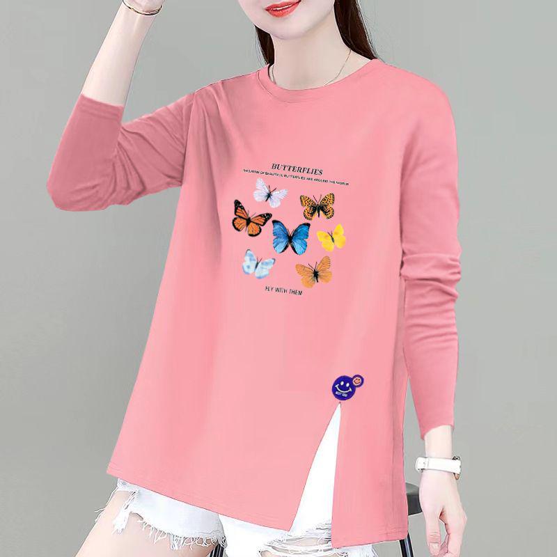 

Женская футболка с длинным рукавом и разрезом Design Sense - Весна/Осень 2025, Чистый хлопок, Свободный крой, Универсальный топ с прямыми плечами 3XL [140-160 lbs]