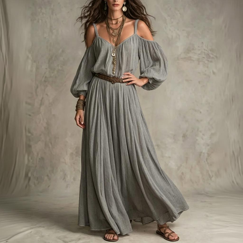 Γυναικείο Χρωματιστό Μακρύ Φόρεμα Off-Shoulder με Πτυχώσεις και Ριλάξ για Διακοπές