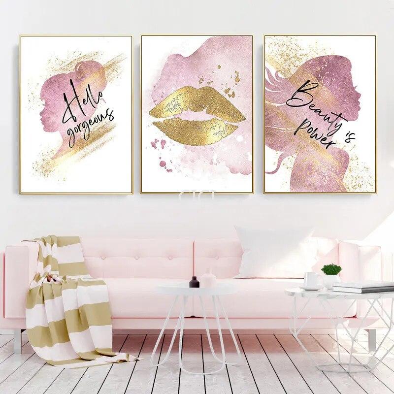Lippenstift Mascara Mode Gold Lippen Make-Up Poster Leinwand Malerei Wand Kunst Schönheit Salon Dekoration Mädchen Zimmer Home Decor Bild