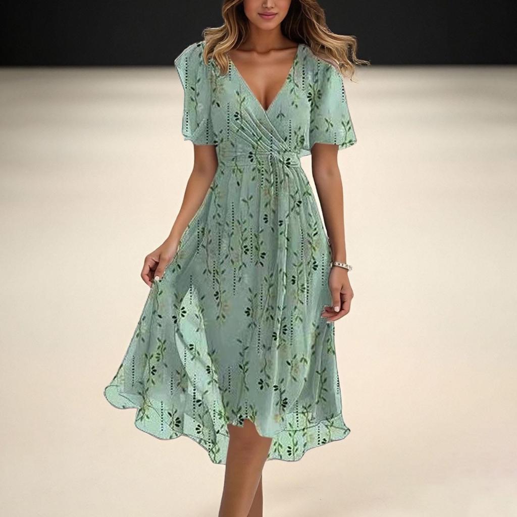 Dames avslappet og moteriktig trykket V-hals midjeinnstrammende A-linje glidelåskjole