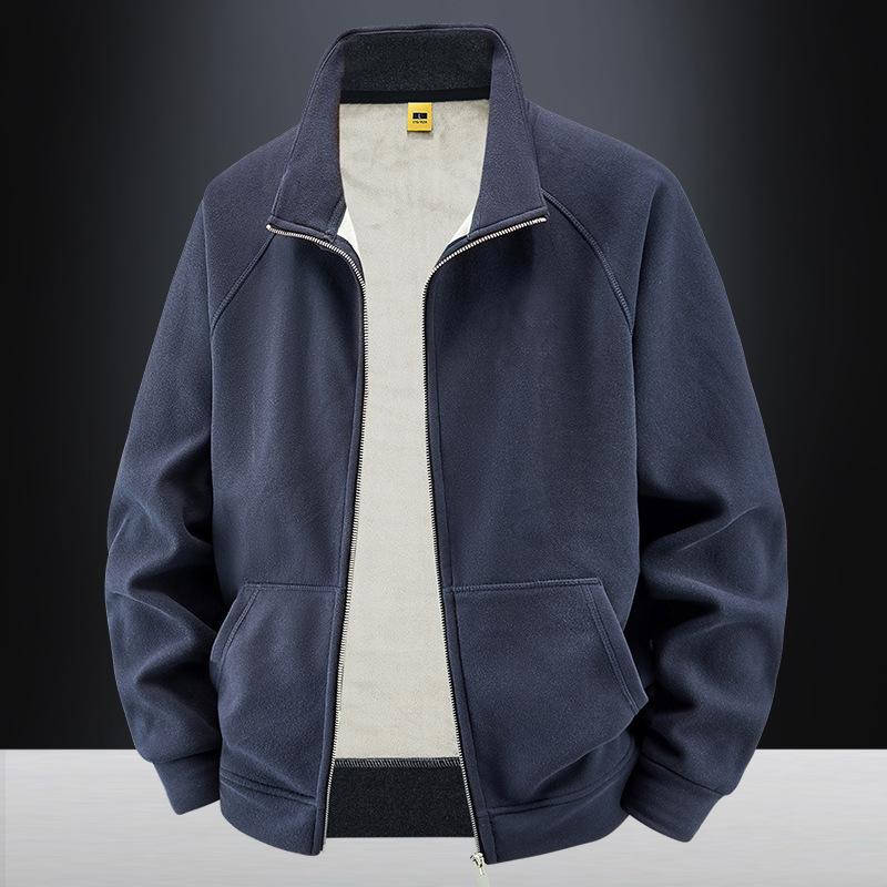 New American Sports Stand-up Collar German Velvet Sweatshirt Men's Autumn and Winter Basic Style Plus Velvet Thickened Cardigan Loose Solid Color