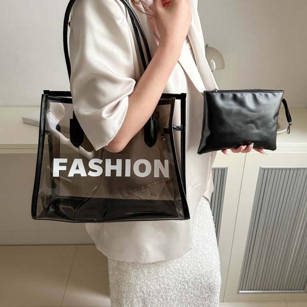 2pcs/set Fashion Transparent Jelly Bag PU Leather PVC Composite Tote Bags Clear PVC Handbag Party