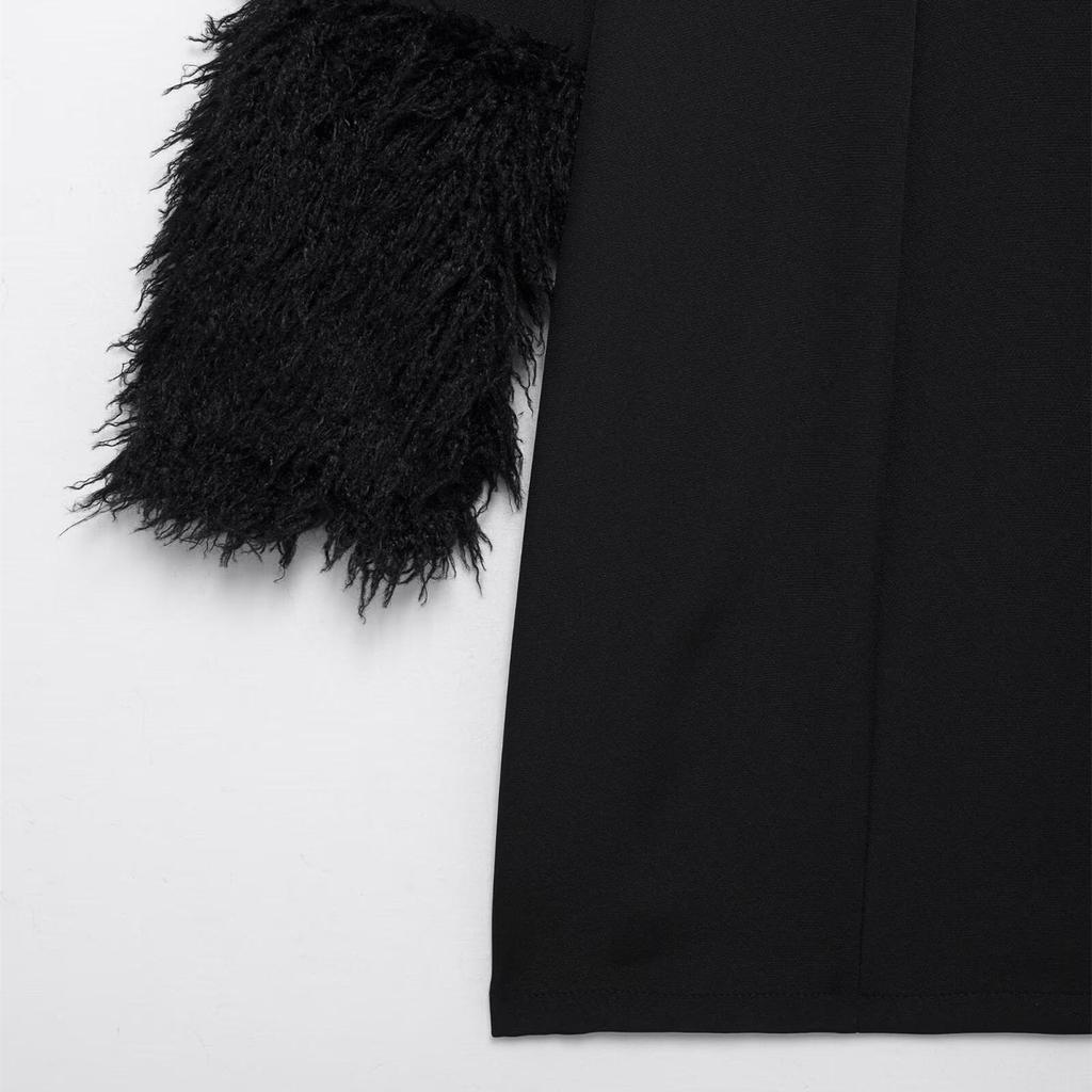 2025 Spring Women's Elegant Fur Patchwork Slit Dress