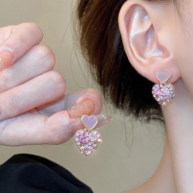 Sweet pink diamond love square earrings small fresh personality stud earrings Internet celebrity fashion earrings