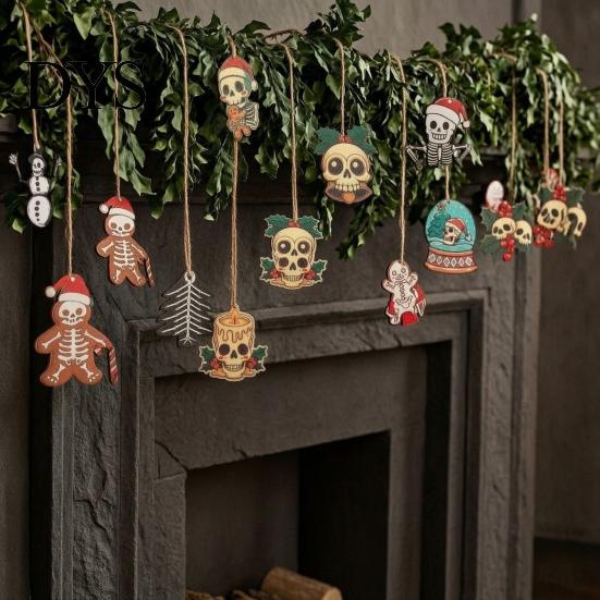 Alternative Christmas Atmosphere Pendants Skeleton Tree Hanging Ornaments, 3.15 Inch Skull Handmade Wooden Ornaments Gothic Spooky Xmas Decorations