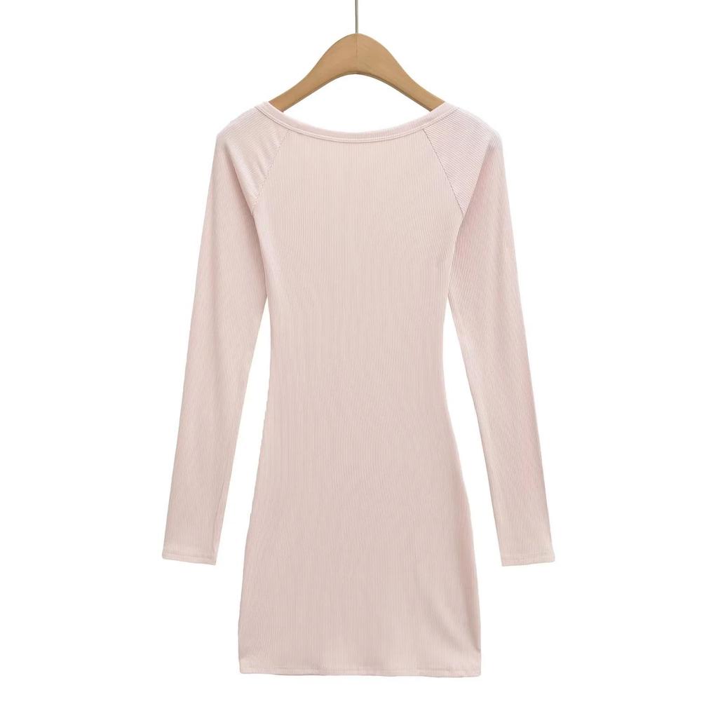 Women's Spicy American Sweetheart Neck Long Sleeve Button Bodycon Dress for Spring/Autumn