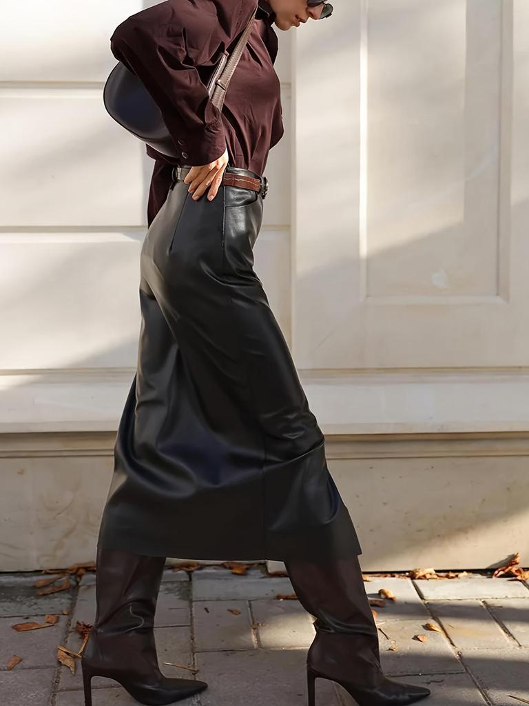 Women's High-Waisted Leather Skirt with Belt - Autumn/Winter Collection