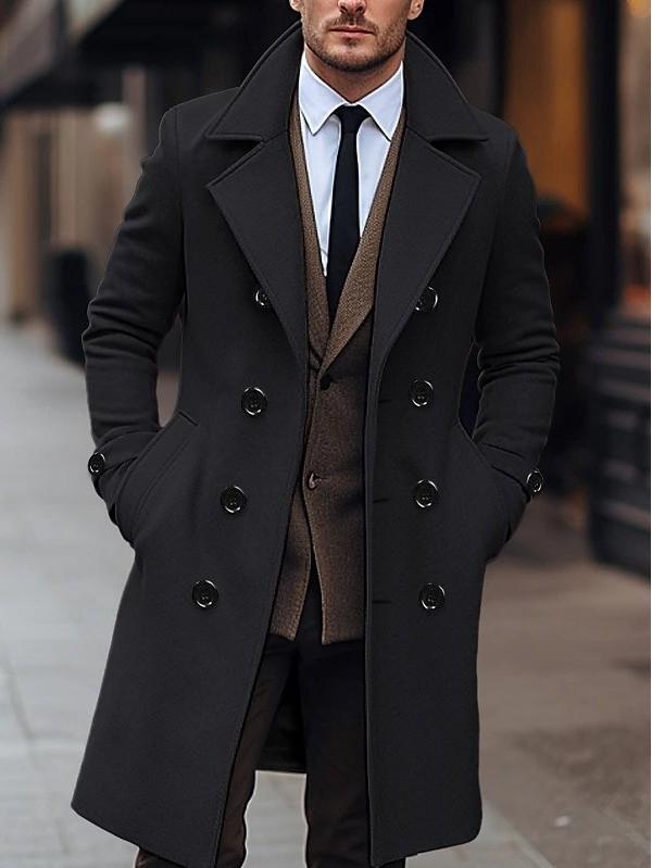 Men's Woolen Double-Breasted Mid-Length Trench Coat - European & American Fashion, Korean Style