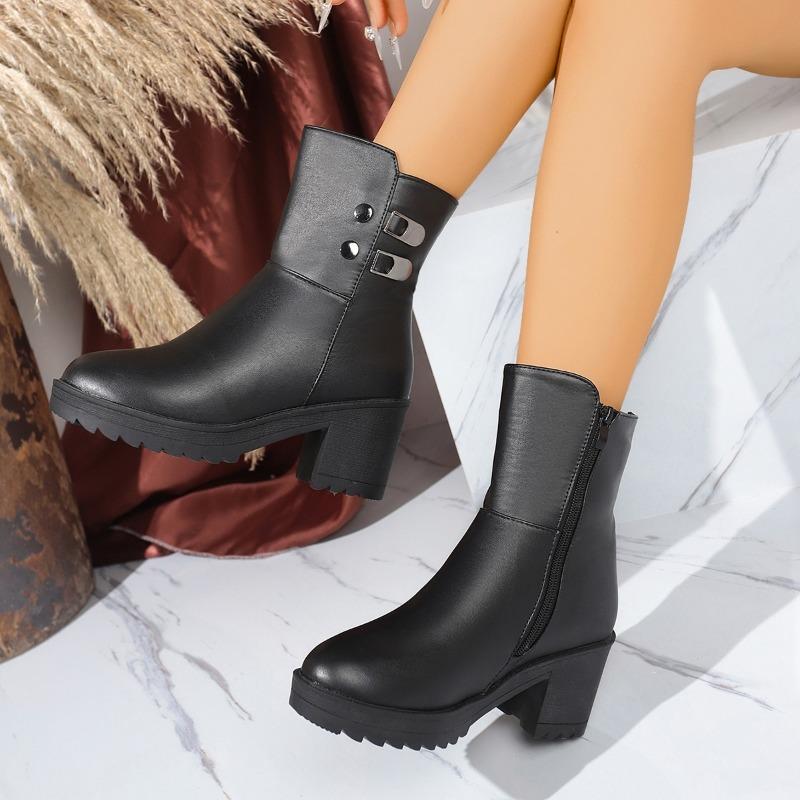 

Belt Buckle Block Heel Cotton Boots Winter New Round Toe Side Zipper Platform Anti-Slip Wear-Resistant High Heels 35 чёрный